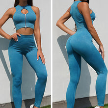 Load image into Gallery viewer, Womens High Waisted Workout  2 Piece Sets Crop Top and Sweatsuit  Pants Seamless Sports Legging  Yoga Gym Outfits Pinstripe elasticity structure
