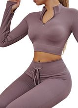 Load image into Gallery viewer, Womens High Waisted Workout  2 Piece Sets Crop Top and Sweatsuit  Pants Seamless Sports Legging  Yoga Gym Outfits Pinstripe elasticity structure
