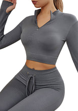 Load image into Gallery viewer, Womens High Waisted Workout  2 Piece Sets Crop Top and Sweatsuit  Pants Seamless Sports Legging  Yoga Gym Outfits Pinstripe elasticity structure
