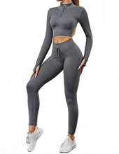 Load image into Gallery viewer, Womens High Waisted Workout  2 Piece Sets Crop Top and Sweatsuit  Pants Seamless Sports Legging  Yoga Gym Outfits Pinstripe elasticity structure
